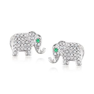 Ross-Simons Elefanten-Ohrringe mit Diamanten und Smaragdakzenten aus Sterlingsilber