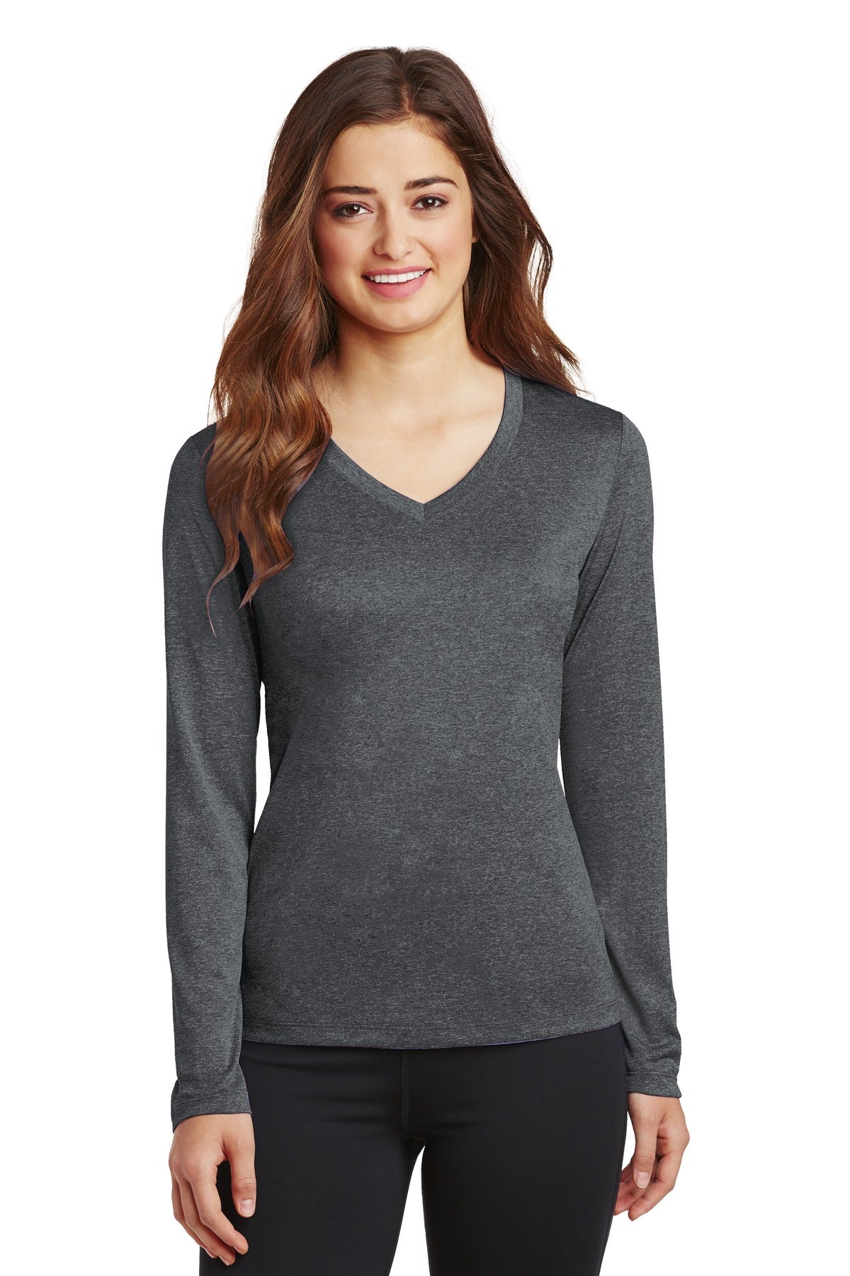 Sport-Tek Contender T-Shirt – Damen, Langarm, meliert, V-Ausschnitt – LST360LS