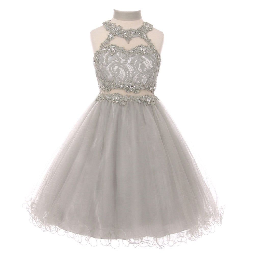 Blumenmädchenkleid für kleine Mädchen – mit Neckholder, aus Tüll, mit Spitze, mit Strass – Silberfarben – 4-6