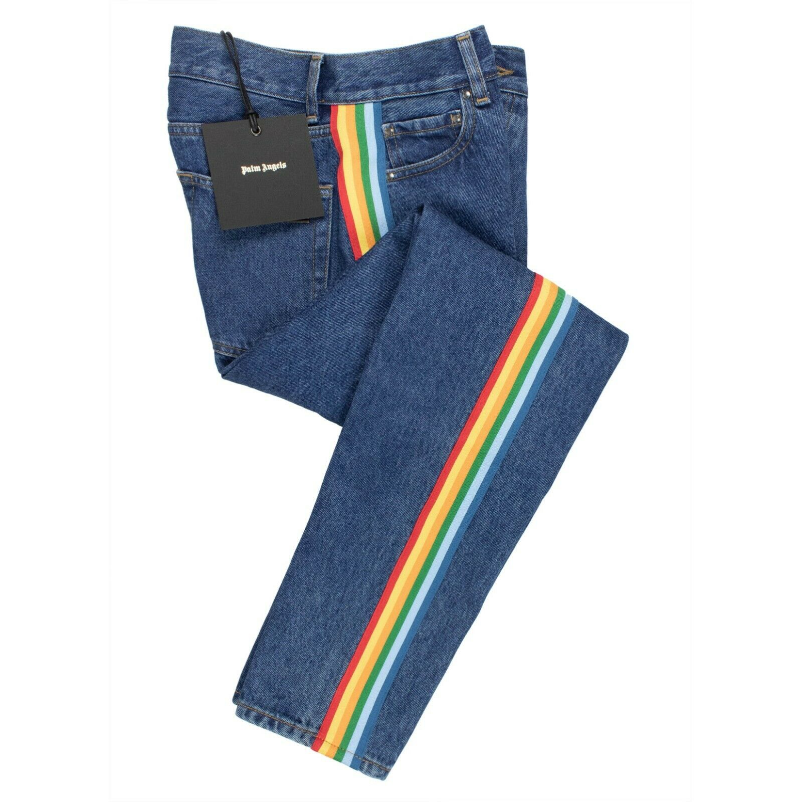 Jeans – Denim, Regenbogenmotiv, Streifenmuster, mittlere Waschung, Blau