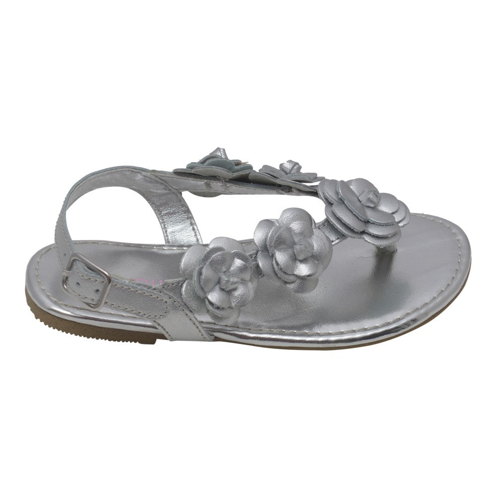 Zehentrenner-Sandalen – Mädchen, Silberfarben, Blütenakzent, Schnalle, Kleinkind – 7-10