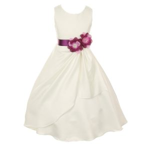 Kleid – kleine Mädchen, Elfenbein, Pflaumenfarben, Brautmode, matter Satin, mit Pailletten, Blumen, festlicher Anlass – 2-6