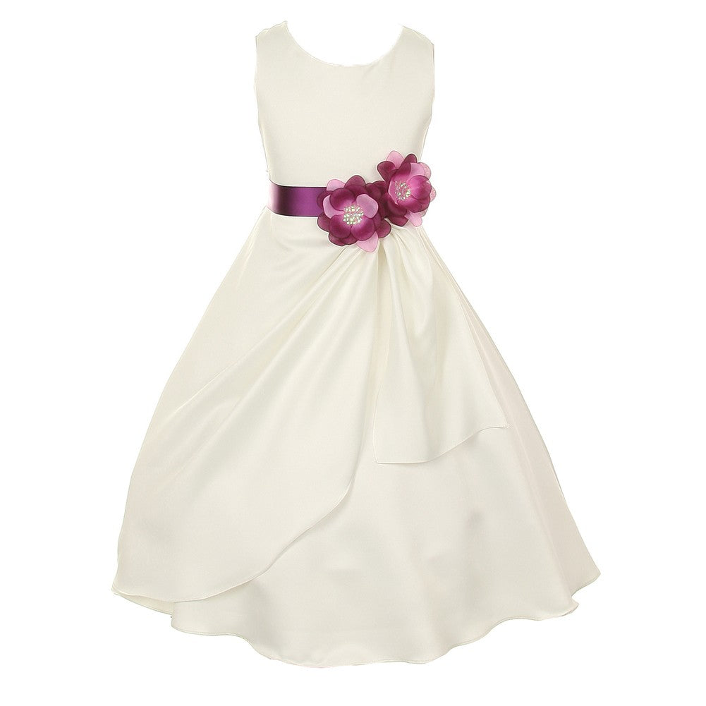 Kleid – kleine Mädchen, Elfenbein, Pflaumenfarben, Brautmode, matter Satin, mit Pailletten, Blumen, festlicher Anlass – 2-6