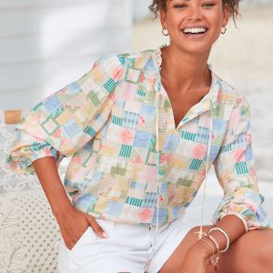 LASCANA Bluse – Damen, bedruckt, Bindeband am Ausschnitt