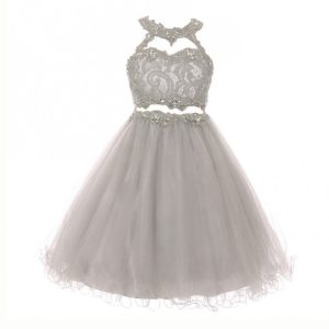 Brautjungfernkleid für größere Mädchen – mit Neckholder, aus Tüll, mit Spitze, mit Strass – Silberfarben – 8-20