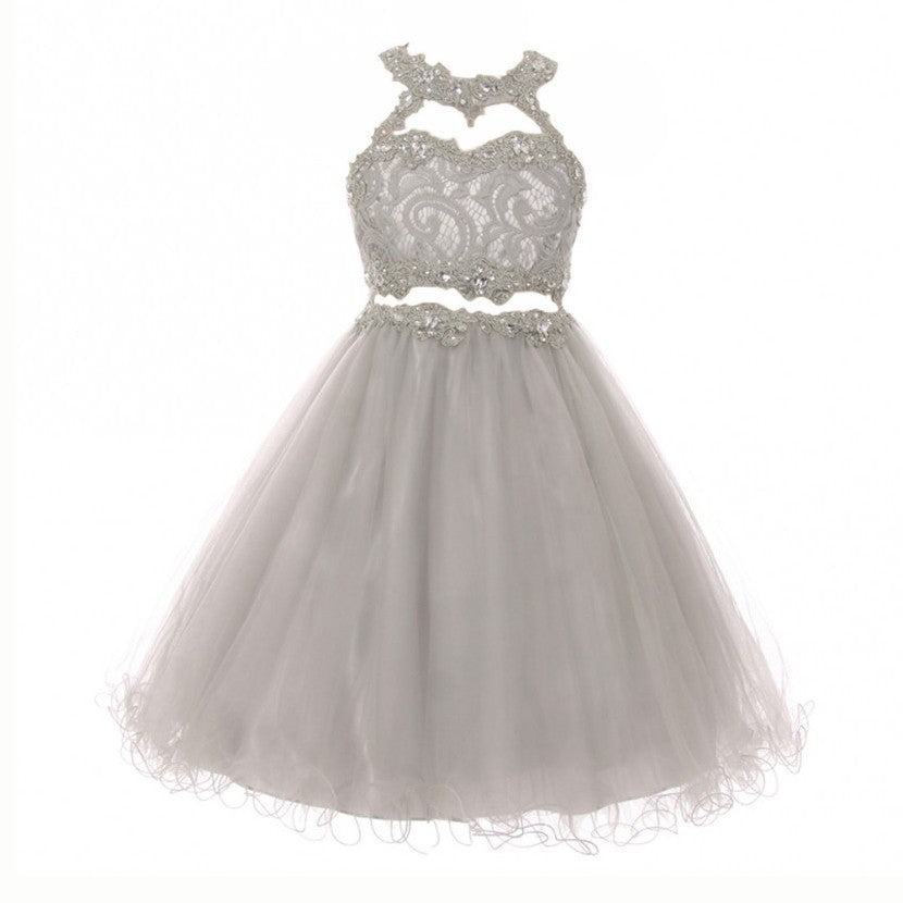 Brautjungfernkleid für größere Mädchen – mit Neckholder, aus Tüll, mit Spitze, mit Strass – Silberfarben – 8-20