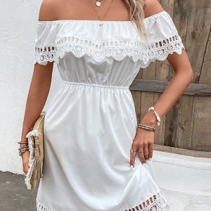 Kleid – gerafft, mit Spitze, Detail, schulterfrei