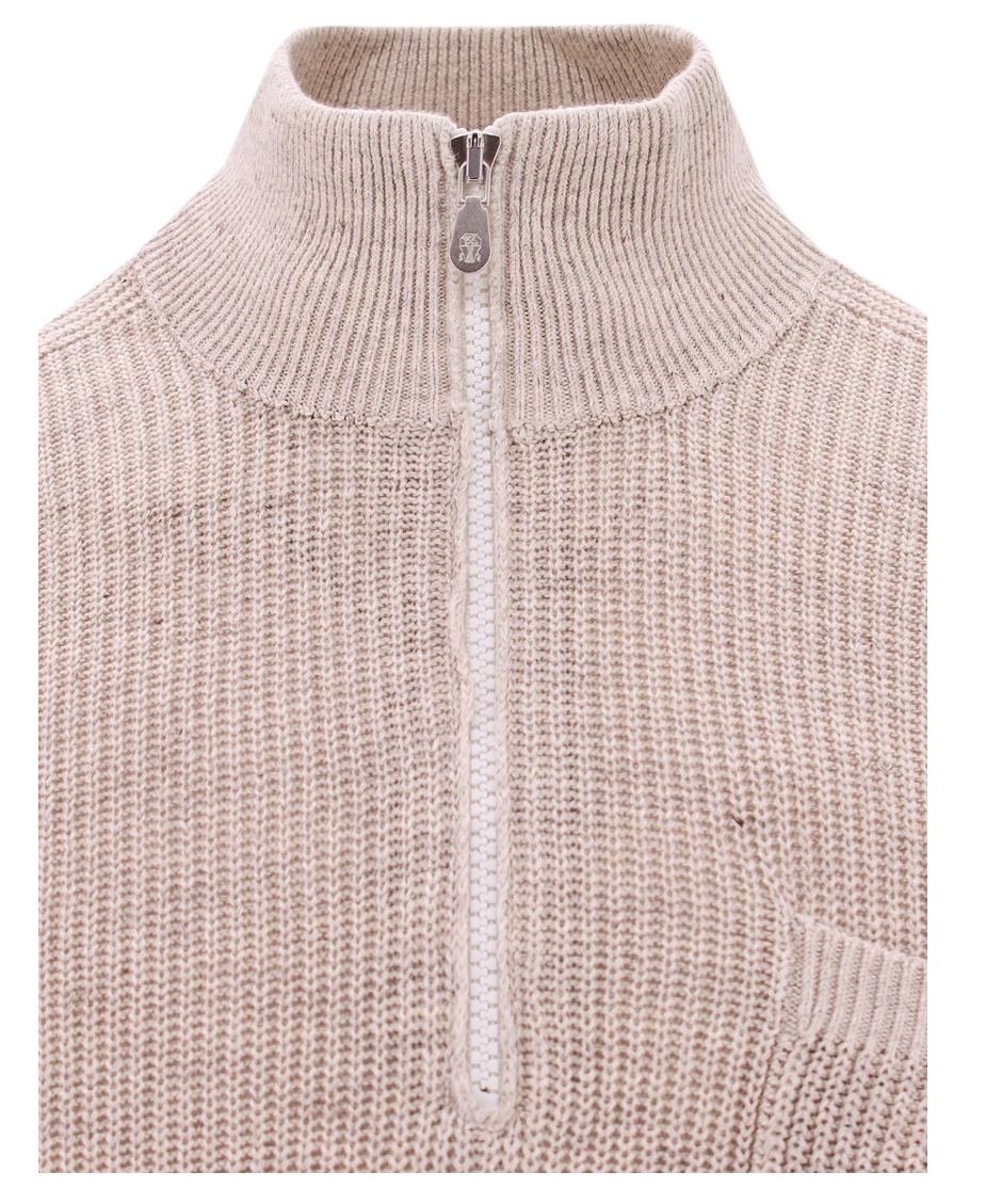 Brunello Cucinelli Pullover – Herren, halber Reißverschluss, Beige