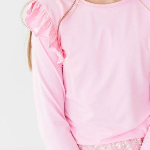 T-Shirt – Bubblegum-Rosa, Rüschen, Langarm – L/S