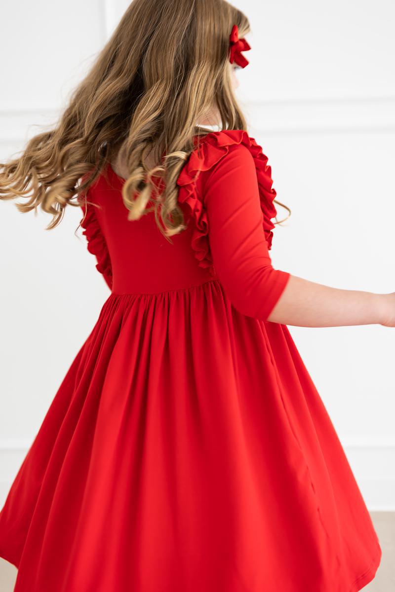 Schwingendes Kleid – Rot, Rüschen – 3/4