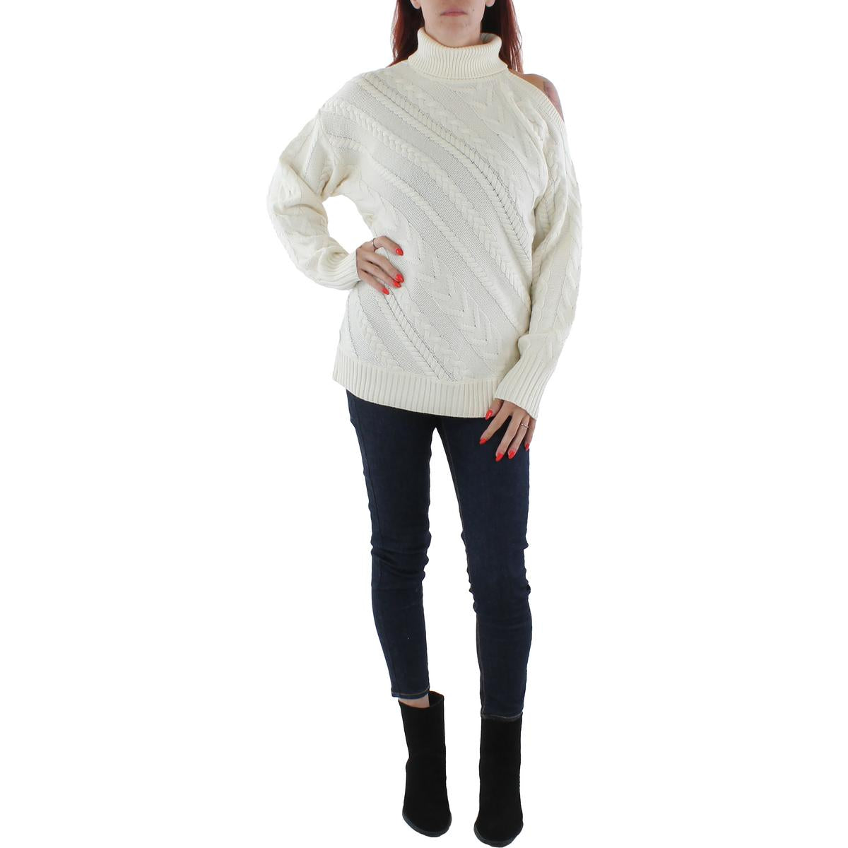 Rollkragenpullover aus Wollmischung mit Zopfstrick und Schulter-Cut-outs