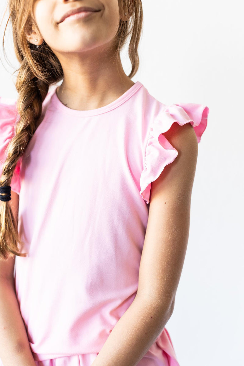 T-Shirt – Bubblegum-Rosa, Rüschen, Kurzarm – S/S
