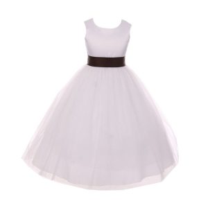 Blumenmädchenkleid für kleine Mädchen – aus Tüll, mit Satinschärpe, mit Schleife – Weiß/Braun – 2-6