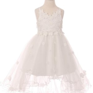 Kleid – Mädchen, Weiß, Blumenmuster, Applikationen, Satin, Tüll, Junior, Brautjungfer – 3D / 2-12