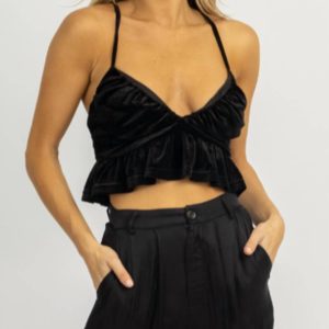 Kurzes gerafftes Top aus Samt – Schwarz