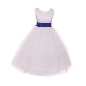 Blumenmädchenkleid für kleine Mädchen – mit Satinschärpe, mit Schleife – Weiß/Königsblau – 2-6