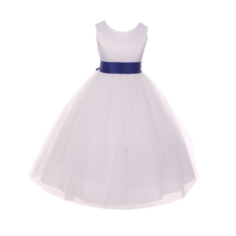 Blumenmädchenkleid für kleine Mädchen – mit Satinschärpe, mit Schleife – Weiß/Königsblau – 2-6