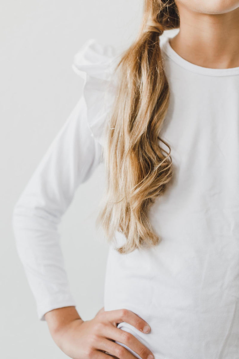 T-Shirt – Weiß, Rüschen, Langarm – L/S