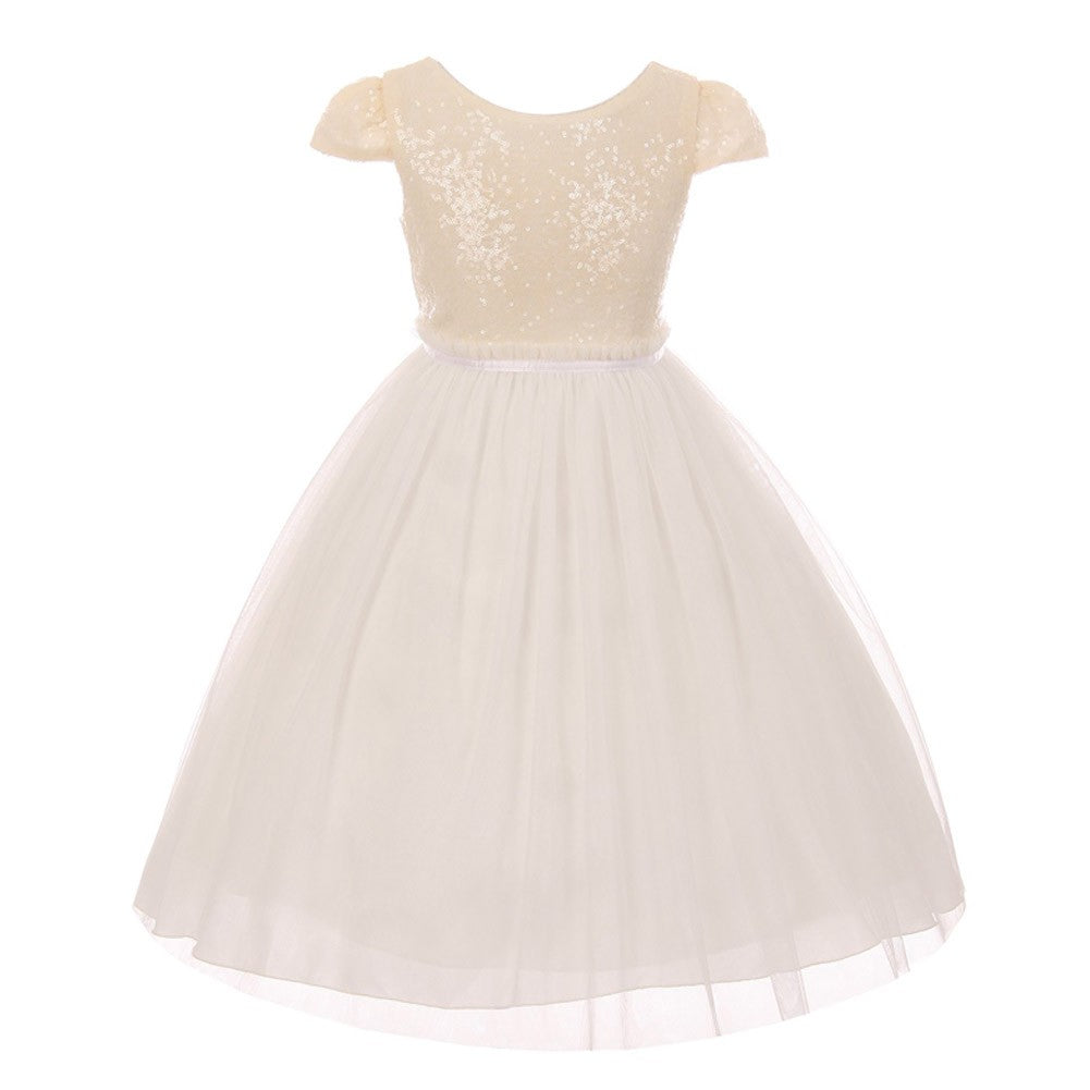 Kleid – größere Mädchen, Elfenbein, mit Pailletten, Tüll, kurze Kappenärmel, Junior, Brautjungfer – 8-12