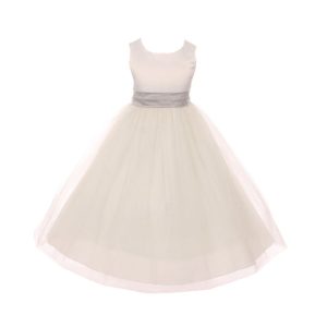 Blumenmädchenkleid für kleine Mädchen – aus Tüll, mit Satinschärpe, mit Schleife – Elfenbeinfarben/Silberfarben – 2-6
