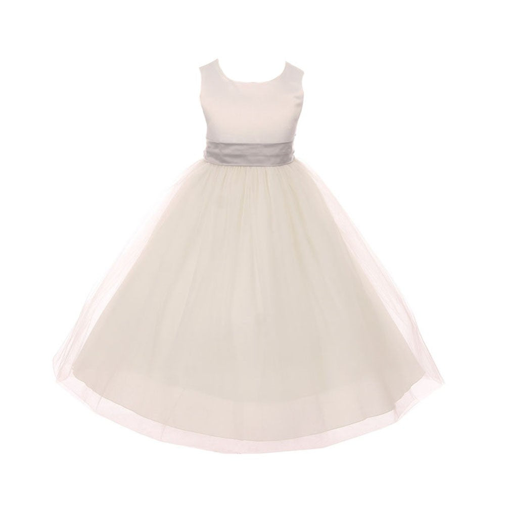 Blumenmädchenkleid für kleine Mädchen – aus Tüll, mit Satinschärpe, mit Schleife – Elfenbeinfarben/Silberfarben – 2-6