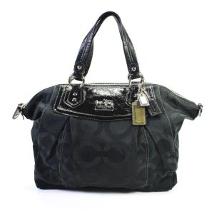 Coach Handtasche – Damen, Schwarz, Canvas, bedruckt, Reißverschluss, Leder, Besatz, Tragegriff oben, Schulter