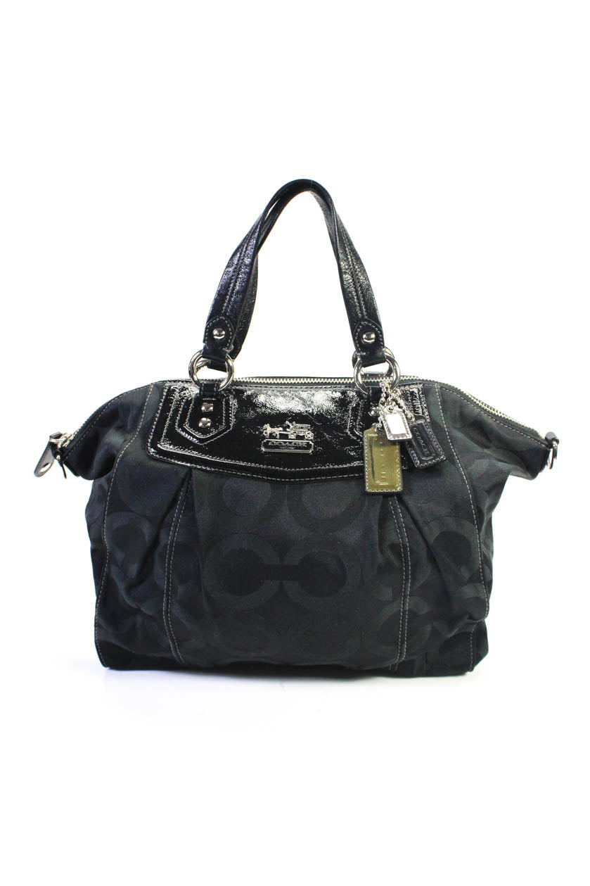Coach Handtasche – Damen, Schwarz, Canvas, bedruckt, Reißverschluss, Leder, Besatz, Tragegriff oben, Schulter