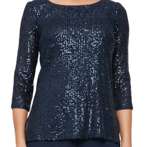 Bluse – mit Pailletten, Seitenschlitz, Detail, Marineblau, 3/4-Ärmel