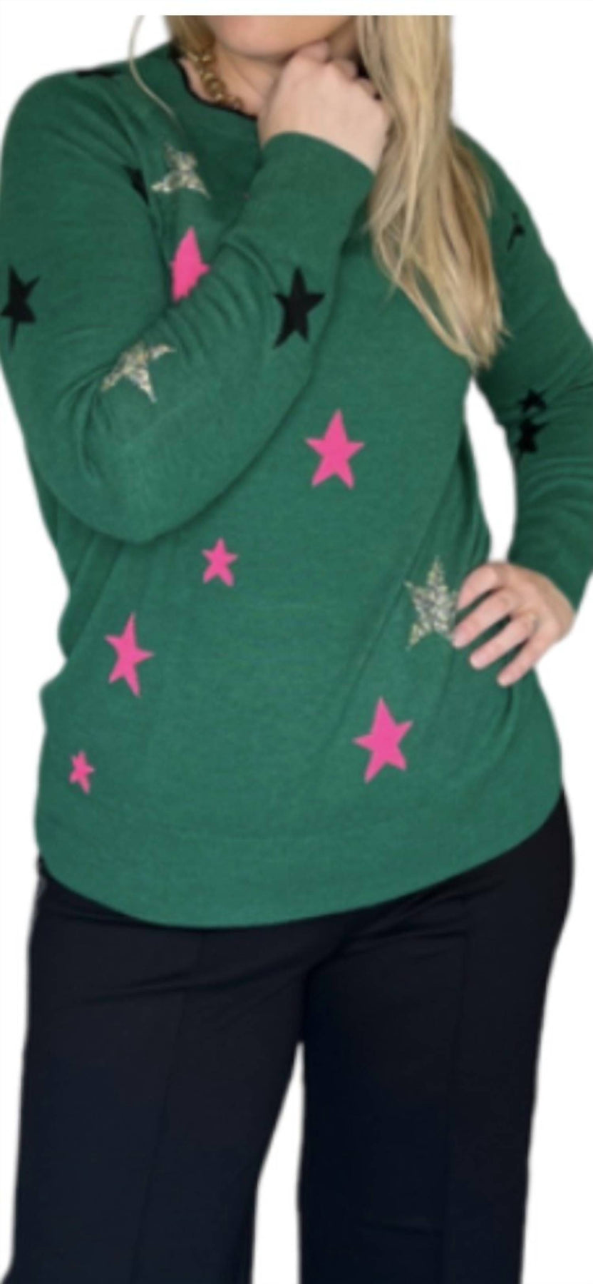 Pullover – Intarsienmuster, Sternenmuster, Grün