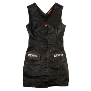 Damen-Lederkleid mit V-Ausschnitt – Schwarz