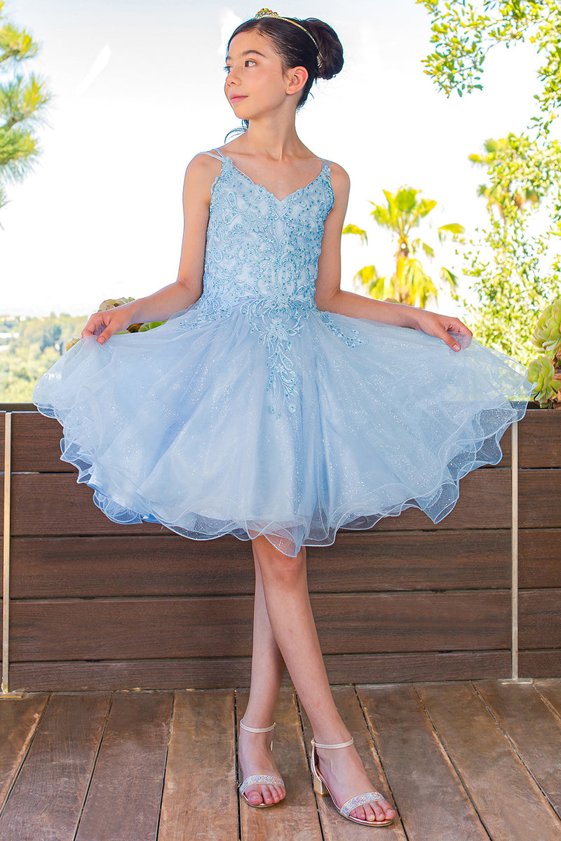 Festkleid für größere Mädchen mit doppelten Spaghettiträgern, Strass und Stickerei – Größe 6