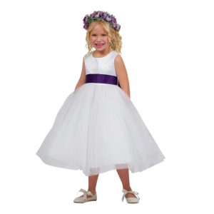 Brautjungfernkleid für Mädchen – mit Satinschärpe, mit Schleife – Elfenbeinfarben/Aubergine – 2-14