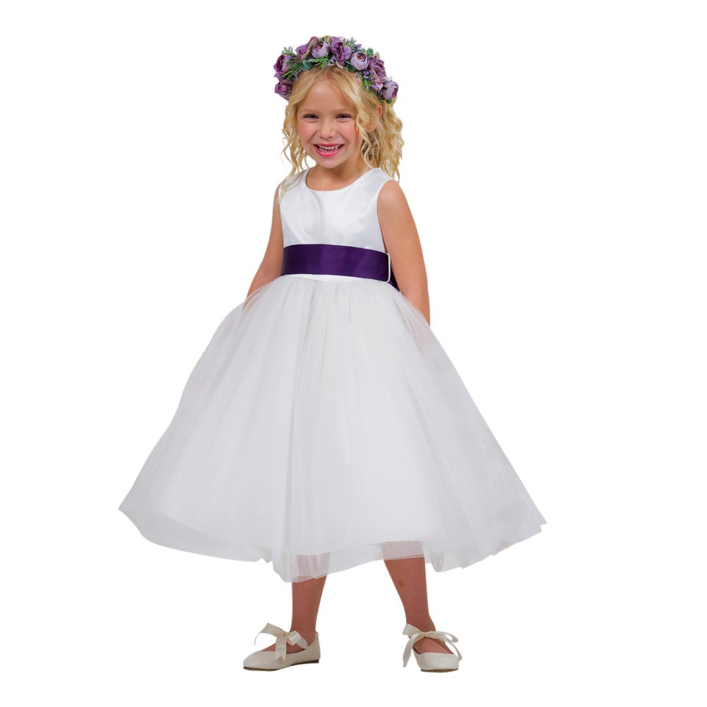 Brautjungfernkleid für Mädchen – mit Satinschärpe, mit Schleife – Elfenbeinfarben/Aubergine – 2-14