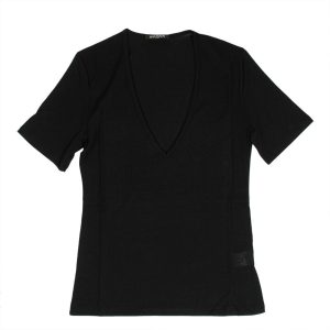 T-Shirt – Damen, Kurzarm, tiefer V-Ausschnitt, Strick, Schwarz