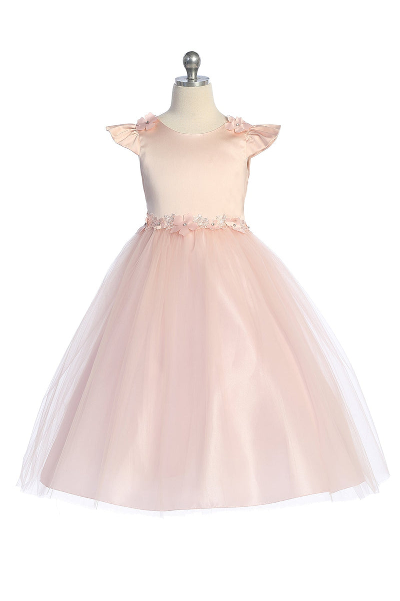 Kleid – größere Mädchen, Flatterärmel, Blumenmuster, Applikation, Junior, Brautjungfer – 16.5-20.5