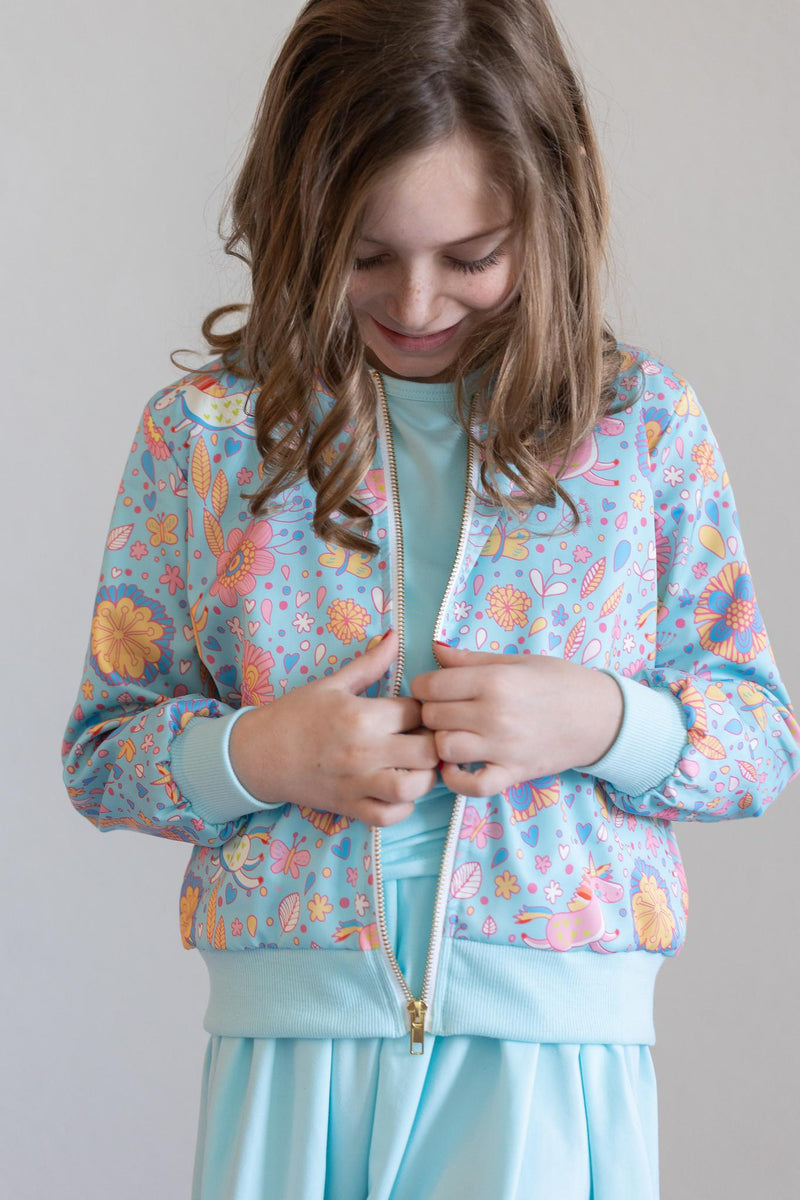 Jacke – Blau, Retro, Einhornmotiv, Satin