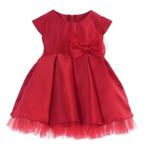 Kleid – Baby, Mädchen, Rot, Satin, vollständig plissiert, Schleife, Akzent, Weihnachten – 6-24M
