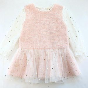 Kleid – Sternmotiv, Mesh, Langarm, Tweed, Rosa