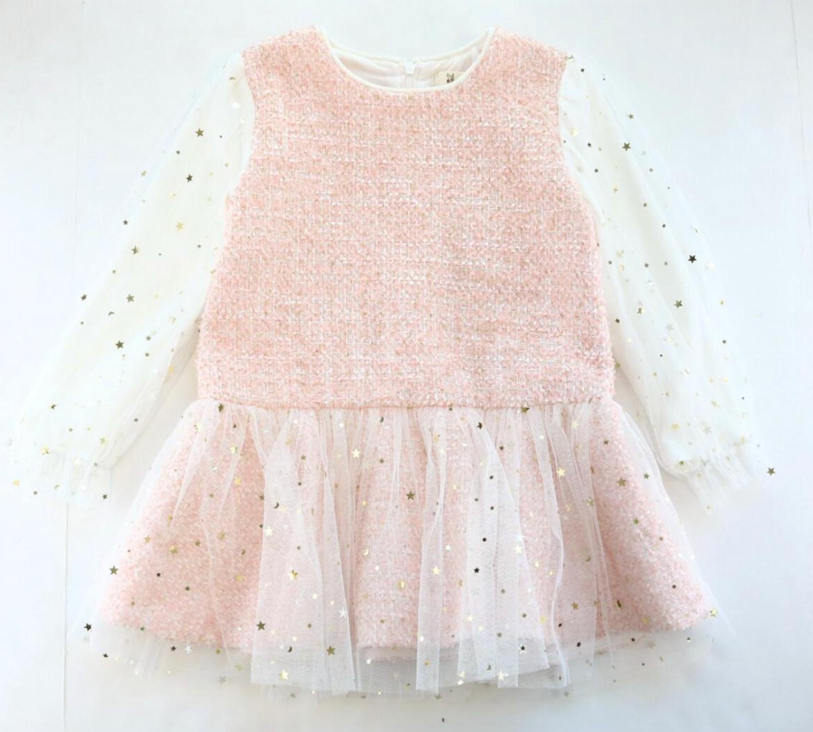 Kleid – Sternmotiv, Mesh, Langarm, Tweed, Rosa