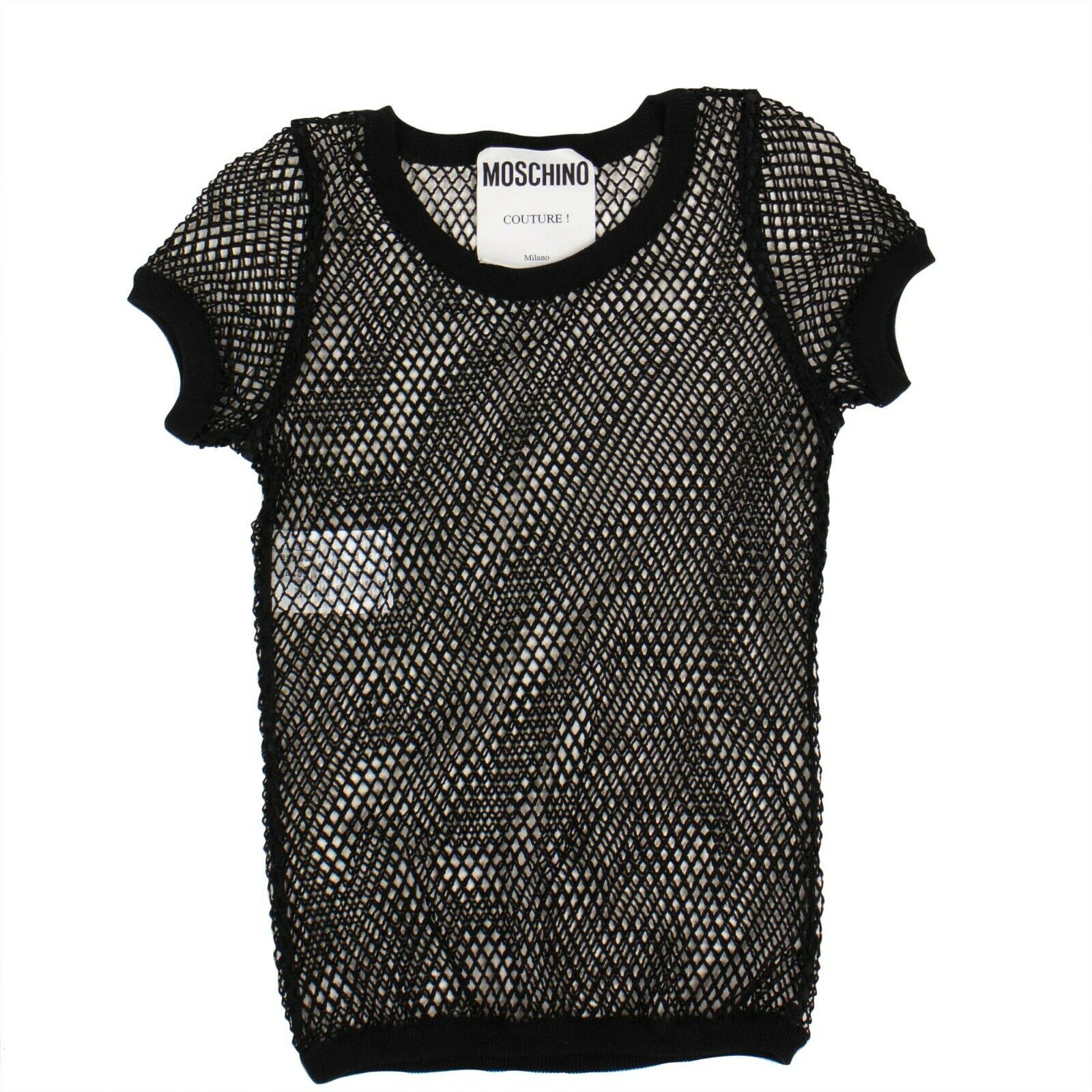 MOSCHINO Top – Damen, Schwarz, Baumwolle, Netzstruktur, Kurzarm