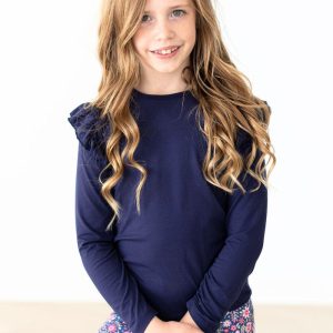 T-Shirt – Marineblau, Rüschen, Langarm – L/S