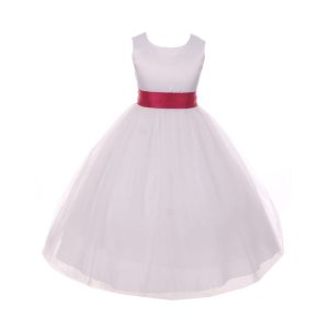Kleid – größere Mädchen, Weiß, Fuchsia, Satin, Bindegürtel, Schleife, Junior, Brautjungfer – 8-14