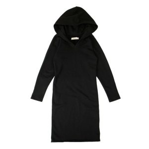 Langärmeliges Damen-Baumwoll-Midikleid mit Kapuze – Schwarz