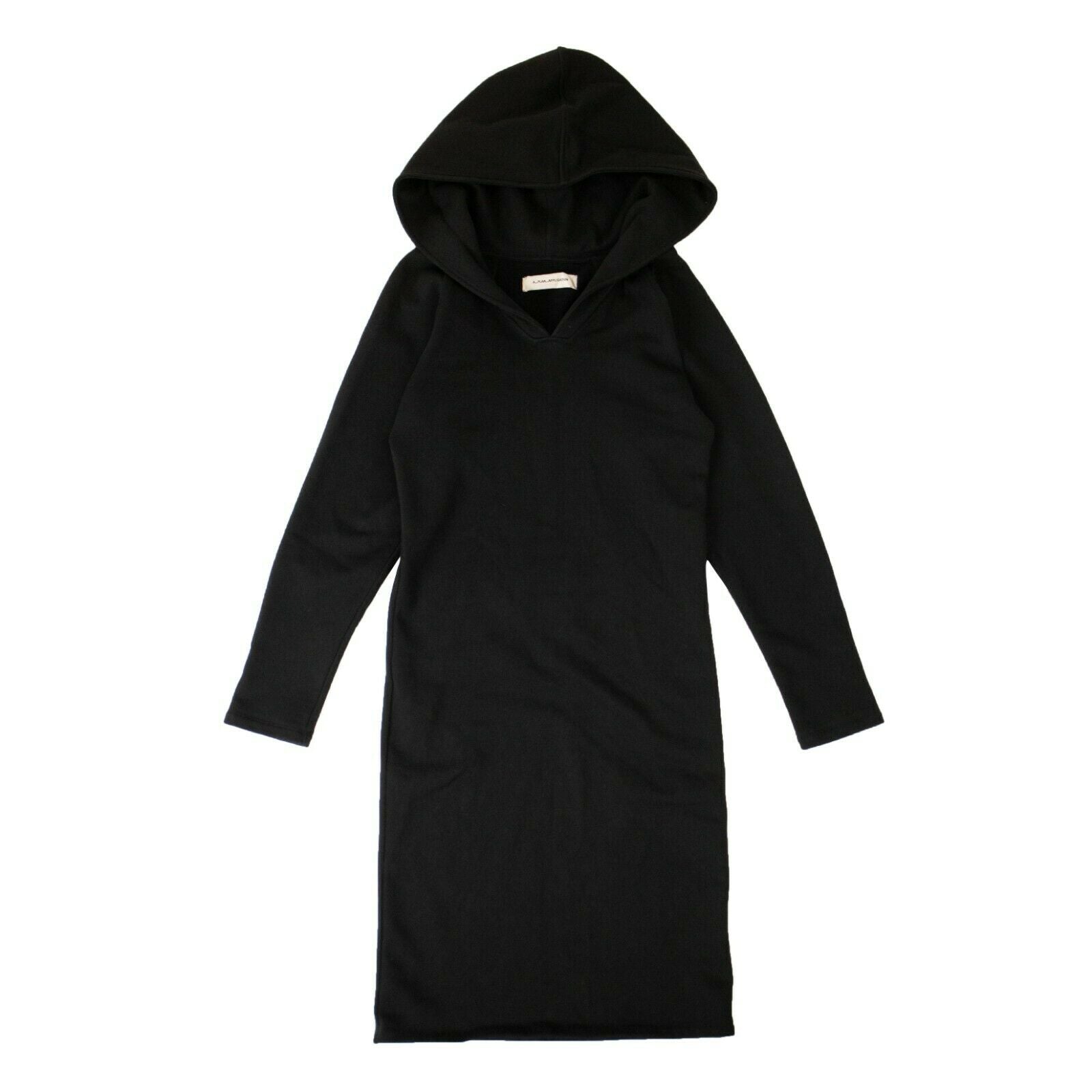Langärmeliges Damen-Baumwoll-Midikleid mit Kapuze – Schwarz