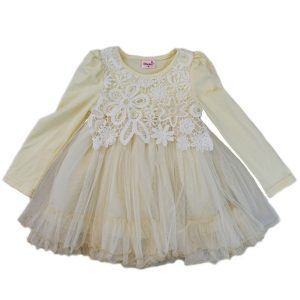 Kleid – Mädchen, Elfenbein, mit Spitze, bedeckt, Langarm – S (9-24M)-XL (6-8)