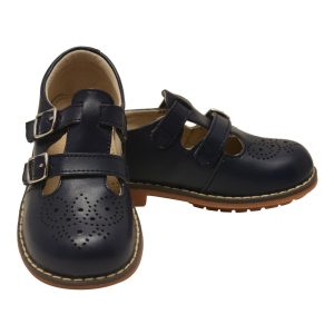 Mary-Jane-Schuhe – Unisex, Marineblau, doppelt, T-Riemen, mit Schnalle, Leder, Kinder – 5 Toddler-2 Kids