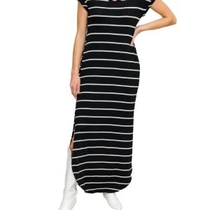 Gestreiftes Maxikleid – Schwarz – 7732515635260