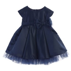Kleid – Baby, Mädchen, Marineblau, Satin, vollständig plissiert, Schleife, Akzent, Weihnachten – 6-24M