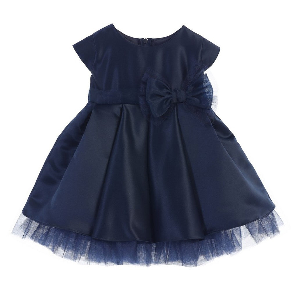 Kleid – Baby, Mädchen, Marineblau, Satin, vollständig plissiert, Schleife, Akzent, Weihnachten – 6-24M