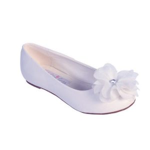 Flache Schuhe – Mädchen, Weiß, Chiffon, mit Strass, groß, Blume, verziert, Kinder – 11-13